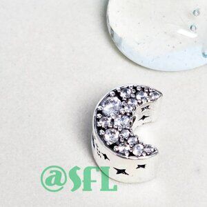 S925 Silver Clear CZ Moon Charm Bead Double Sided Glam Sparkling Charm
